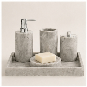 Ensemble d'accessoires de salle de bain vintage élégants en marbre gris, 5 pièces : distributeur de savon, porte-brosse à dents et plateau pour une décoration moderne de la maison - Product Image 1