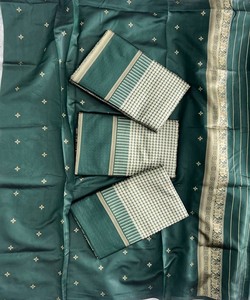 Sari tradicional indio de seda con diseño a cuadros verde y beige con borde dorado para bodas, sari largo hasta el suelo para mujer - Product Image 5