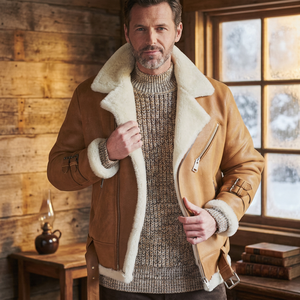 Blouson Bomber Unisexe Marron en Cuir Véritable Imperméable Réversible Écologique avec Doublure en Fausse Fourrure et Fermeture Éclair, Logo Avant, Hiver - Product Image 3