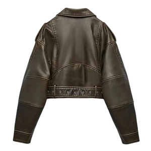 Chaqueta corta de cuero sintético PU para mujer, estilo vintage retro, holgada, con cremallera, para motociclista, ropa de calle, con cinturón, para invierno - Product Image 2