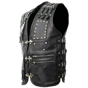 Gilet de motard en cuir véritable pour homme avec rivets, poches et fermeture éclair, style moto, vêtement d'extérieur automne-hiver, coupe classique - Product Image 4