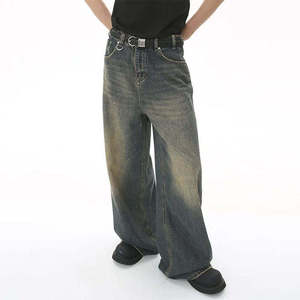 Jean large pour homme en denim délavé, coupe ample, taille haute, avec rivets décoratifs, style streetwear, collection automne - Product Image 6