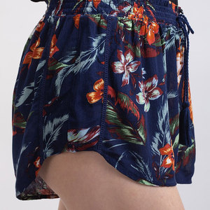 Shorts de Cintura Alta con Estampado Floral para Mujer, Corte Holgado, Cierre con Cordón, Estilo Casual de Gasa, Azul Marino con Detalle de Borlas - Product Image 2