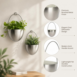 Silver Metal <b>Wall</b> <b>Hanging</b> <b>Planter</b> Pots with Arched Handles | Modern Oval Stainless Steel Finish Plant Holders for <b>Indoor</b> Outdoor - Product Image 3