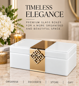 Caja de Almacenamiento de Joyas de Vidrio Blanco Marfil con Detalles Geométricos Dorados, Acabado Brillante, Forro Suave, Organizador Decorativo para Recuerdos - Product Image 2