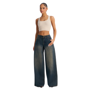 Jean en denim bleu foncé pour femme, coupe large, taille mi-haute, décontracté, ample, 100 % polyester, style vintage, longueur complète, mode quotidienne, XS - Product Image 1