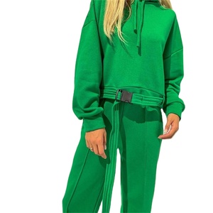 Bright Green Belted <b>Sweatsuit</b> <b>for</b> <b>Women</b> Two Piece Hooded Sweatshirt and Jogger Set Stylish Fleece Lounge Wear Winter Outfit - Product Image 1