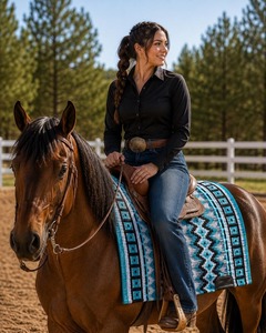 Tapis de selle classique western Equipro en laine turquoise tissé à la main à motif géométrique pour la protection du cheval - Équestre - Product Image 2