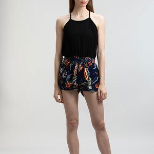 Shorts de Cintura Alta con Estampado Floral para Mujer, Corte Holgado, Cierre con Cordón, Estilo Casual de Gasa, Azul Marino con Detalle de Borlas - Product Image 5