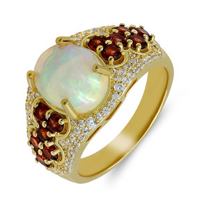 Gourik 925 Sterling Silver <b>Gold</b> Plated <b>Ring</b> Oval White <b>Opal</b> Natural Red Garnet Zircon Gemstone Wedding Jewelry <b>Ring</b> - Product Image 1