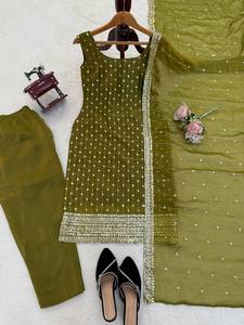 New Designer Eco-Friendly Georgette <b>Sequin</b> Modern Work Wedding Diwali Ethnic Wear Kurti <b>Pant</b> Set Salwar Kameez Top Dupatta Fully - Product Image 5