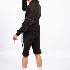 Conjunto de Sudadera con Capucha y Pantalones Cortos Negros para Hombre, Sudadera de Felpa Francesa de Color Sólido con Raya Blanca, Ropa Deportiva Informal de Verano - Product Image 3