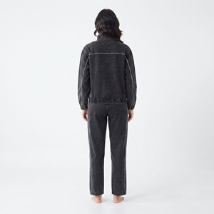Women's Regular Fit Acid Wash Full Zip Jacket Solid Black Color Contrast Piping Tracksuit Custom <b>Sweat</b> <b>Set</b> Sportswear - Product Image 2