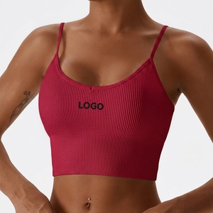 Women Ribbed Spaghetti Strap <b>Sports</b> <b>Bra</b> Scoop Neck Medium Support Breathable Solid <b>White</b> Fitness Top Front Logo - Product Image 3