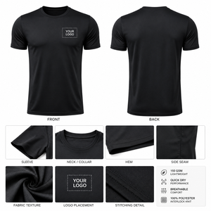 T-shirt pour homme noir à séchage rapide, manches courtes, col rond, coupe classique, tissu jersey, logo personnalisé imprimé sur le devant, style décontracté - Product Image 2