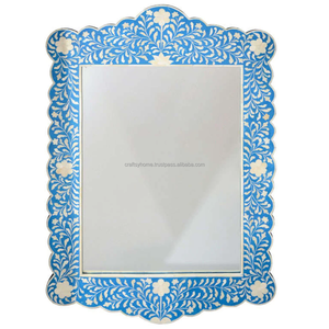 Handmade Blue Color Bone Inlay <b>Mirror</b> <b>Frame</b> Attractive Floral Design Wood Material Wall <b>Mirror</b> Usage for Home Decor Reasonable - Product Image 1