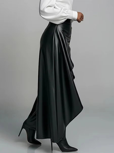 Pantalones Anchos Asimétricos de Piel Sintética Negra para Mujer, Cintura Alta, con Botones, Estilo Casual y Atrevido, Aspecto Premium - Product Image 3