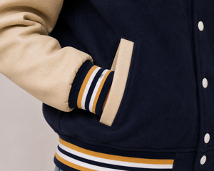 <b>Women's</b> Navy <b>Beige</b> Letter R Embroidered Varsity <b>Jacket</b> Preppy Style Turn-down Collar Front Logo Regular Fit - Product Image 6