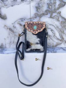 Véritable Fourrure De Vachette Handtooled Sculpture Turquoise Pierre Sling Sac En Cuir Petite Taille Téléphone Sac À Main et Sac À Main Wristlet Pouch - Product Image 2