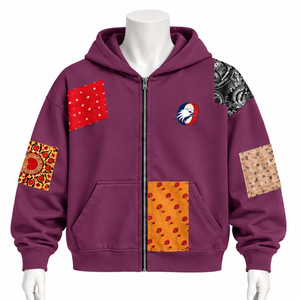 Sudadera con capucha y cremallera completa de plumas, estilo patchwork, oversize, con diseño de parches estampados, informal, estilo streetwear, para hombre - Product Image 1