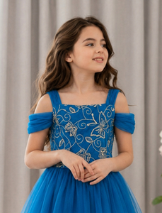 Vestido Largo de Tul con Bordado Floral de Gasa para Niñas, Estilo Princesa, Cuello Cuadrado, para Fiestas Formales, Color Azul Verano - Product Image 3