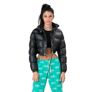 2026 <b>Ladies</b> High Shine Detachable <b>Hood</b> Black <b>Winter</b> <b>Coat</b> Luxury Shiny Oem Custom Logo Women Cropped Velvet Puffer Jacket - Product Image 1