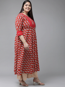 Kurti Anarkali en coton marron pour femmes grandes tailles, avec imprimé floral, col rond et manches trois quarts - Product Image 3