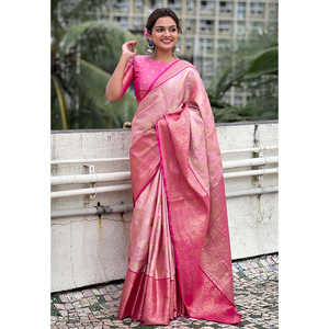 ผ้าไหมเนื้อนุ่มสีชมพูอ่อนแบบคันจิวารัม ผ้าซารีแบบดั้งเดิม ปักด้วยด้ายซารี ผลิตโดย Elite Weaves สำหรับเสื้อผ้าอินเดียและปากีสถาน - Product Image 5