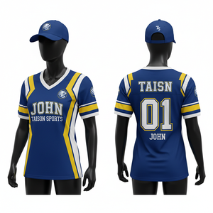 เสื้อฟุตบอลอเมริกันหญิงแบบพรีเมียม ผ้าโพลีเอสเตอร์ตาข่าย 160 GSM สีน้ำเงิน เหลือง ขาว ดีไซน์แผงสี พร้อมโลโก้แบบซับลิเมชั่นตามสั่ง - Product Image 1