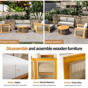 Ensemble de conversation de jardin 4 pièces en bois d'acacia avec coussins beiges pour la décoration de jardin - Product Image 6