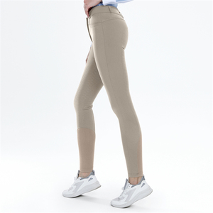 Pantalon d'équitation taille haute pour femme, couleur unie, coupe ajustée, fermeture boutonnée, beige - Product Image 4