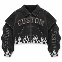 Veste en jean noire unisexe personnalisée, style streetwear, avec strass et patchs lettres imprimés flamme sur le devant, pour motard