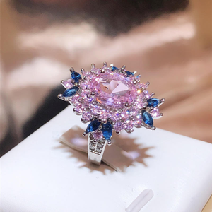 IPink Blue Flower Moissanite <b>Ring</b> 925 <b>Silver</b> Luxury Halo <b>Statement</b> <b>Ring</b> for Women - Product Image 3