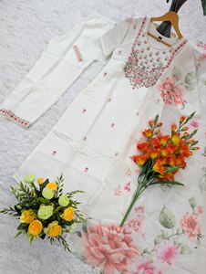 Conjunto de Salwar Kameez con Estampado Floral Blanco, Bordado, Estilo Indio-Pakistaní, Traje de Fiesta para Mujer - Product Image 6