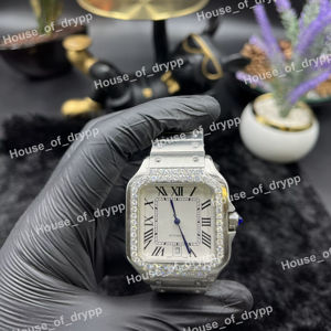 Reloj de Pulsera de Lujo con Caja Cuadrada con Incrustaciones de Diamantes Moissanite, Movimiento Automático, Números Romanos, Acero Inoxidable - Product Image 1