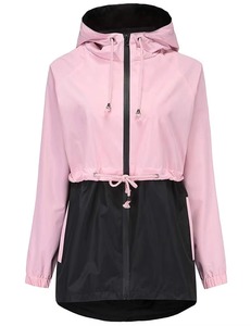 Women Windbreaker <b>Jacket</b> Hooded Lightweight Color Block Longline Drawstring Waterproof Outdoor Coat Pink Black - Product Image 6