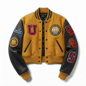Chaqueta Varsity de Lana con Bordado Chenille Personalizado, Mangas de Cuero y Cierre de Botones, Venta al Por Mayor, Ropa Urbana para Mujer - Product Image 1