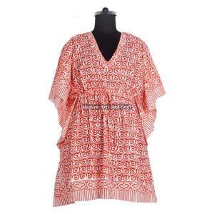 Hermoso Kaftán Corto de Algodón Estampado a Mano para Mujer, Traje de Baño Estándar, Bikini, Vestido Kaftán - Product Image 1