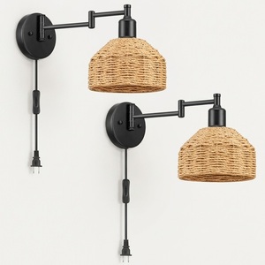 Modern Handwoven Rattan Wall Sconce With Adjustable Swing Arm Natural Wicker Bamboo Wall <b>Light</b> For Bedroom Bedside Living <b>Room</b> - Product Image 5