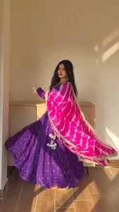 Traditional <b>Indian</b> Pakistani Women's Purple Floral <b>Kurta</b> Set With Pink Dupatta Floor-Length Loose Fit Wedding Wear - Product Image 5