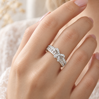 Bowknot 925 Sterling Silver Zircon Band Ring with Clear Rectangular Stones and a Round Stone Border