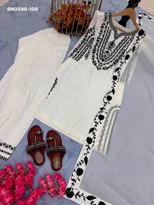 Ensemble haut et pantalon palazzo en crêpe naturel avec broderies, nouvelle collection, exportateur indien. - Product Image 6