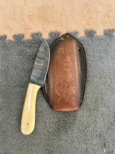 Damascus Steel Fixed Blade Drop Point <b>Knife</b> with <b>Bone</b> <b>Handle</b> Leather Sheath EDC DIY for Camping Outdoor Use - Product Image 2