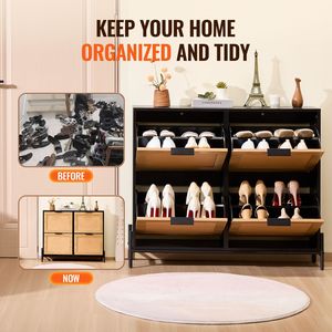 Scarpiera stretta e sottile in rattan con 4 ante a ribalta, organizer per ingresso con gambe in metallo, scarpiera ideale - Product Image 6