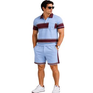 Ensemble polo et short pour homme bleu ciel et bordeaux, motif rayé avec poches, tenue décontractée d'été deux pièces, logo personnalisé, qualité supérieure - Product Image 1