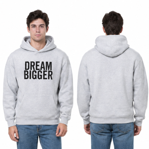 Sweat-shirt à capuche gris clair pour homme, style streetwear, avec impression audacieuse du slogan noir « Dream Bigger », sweat-shirt personnalisé avec poche. - Product Image 4