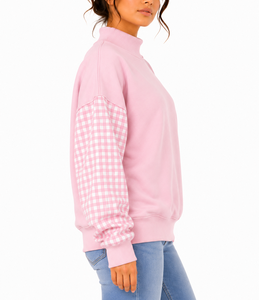 Sudadera de cuello alto para mujer con logo personalizado, mangas de gingham, apliques de letras, estilo oversize, casual, tipo jersey, fabricante - Product Image 4