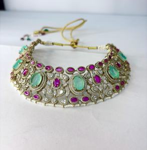 Mint Green & <b>Ruby</b> Pink Doublet Stone Choker <b>Necklace</b> Set Designer CZ Statement Jewelry Traditional Indian Bridal Jewelry - Product Image 2