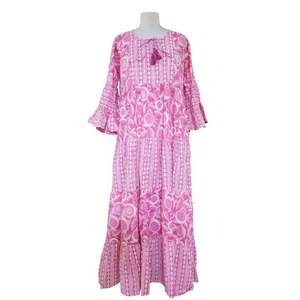 Vestido Maxi Estampado Rosa para Mujer, Cuello Redondo, Manga 3/4, Estilo Casual Holgado, Vestido Bohemio de Algodón, Venta al Por Mayor - Product Image 3