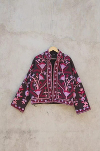 Chaqueta de Algodón Floral Bordada a Mano, Transpirable, con Cuello Mandarín, Frente Abierto, Largo Regular, Unisex, Elegante, para Otoño - Product Image 1